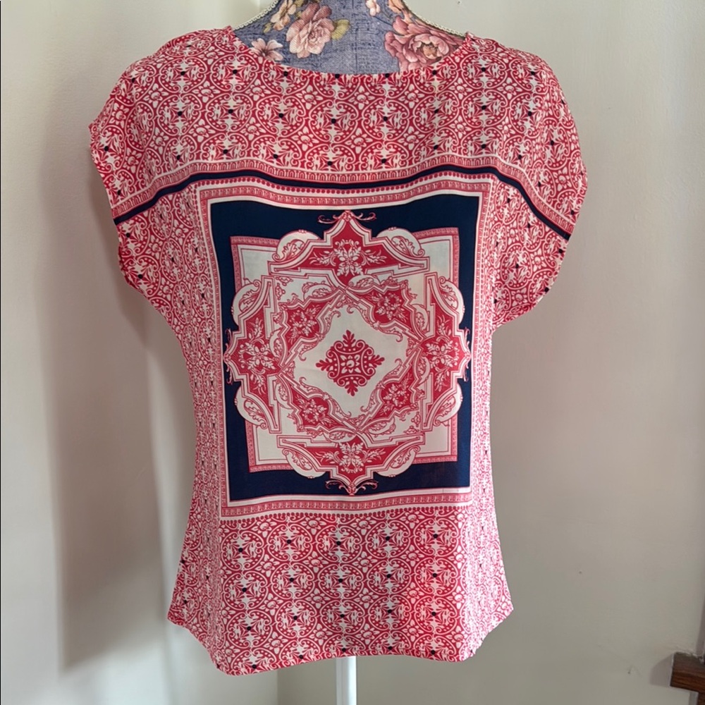 Banana Republic Red and Navy Geometric Blouse